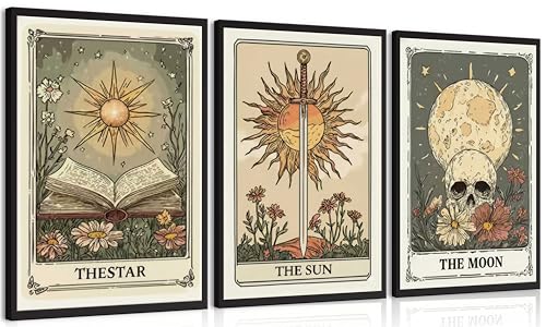MJVCFWNS 3Pcs Tarot Card Wall Art Boho Celestial Bodies Sun Moon Star Painting Picture Wall Decor Vintage Skull Book Flowers Sword Poster Printing Artwork for Living Room Bedroom Office Home Decor