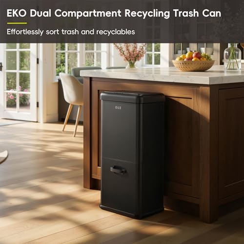 Image of EKO Vintage 50L / 13.2 Gallon Motion Sensor Trash Can, Dual Compartment 32L + 18L Stainless Steel Kitchen Garbage Bin, Touchless Automatic Waste & Recycling Bin with Lid for Home Office, Matte Black