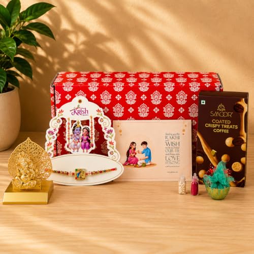 Image of Giftana Rakhi Gift Set for Brother with Radha Krishna Rakhi, Ganesh Ji Idol, Raksha Bandhan Greeting Card Gift Set, Raksha Bandhan Gift Combo for Bhai & Bhaiya