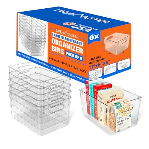 Image of Lifemaster Stackable Refrigerator Bins - Set of 6 Large Capacity Organizers with Easy Grip Handles - Clear and Versatile for Kitchen Storage
