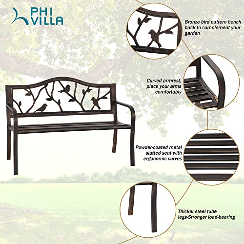Phi Villa Outdoor Garden Park Bench Patio 50" Metal Bench, Steel Frame Bench With Backrest And Armrests For Porch, Lawn, Balcony, Backyard And Indoor, Bronze #TOP2