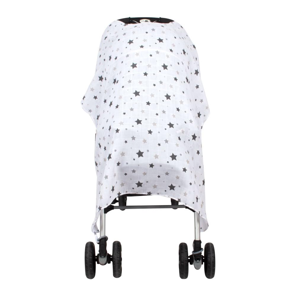 Muslin Stroller Cover - Versatile Baby Stroller Sunshade, Windbreaker, and Insect Shield - Stylish and Breathable Travel Accessory (Grey Star)