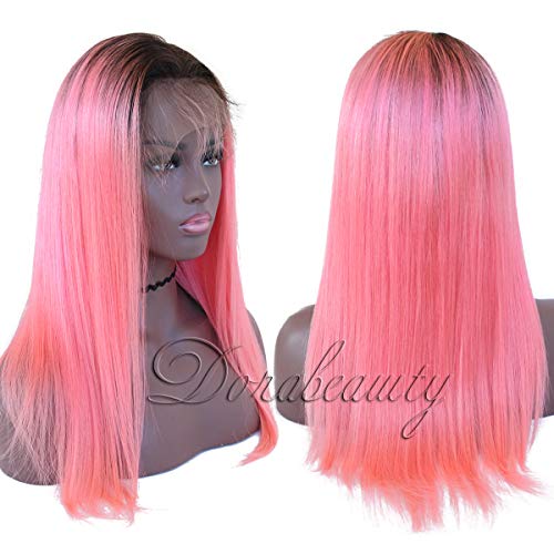 Dorabeauty Full Front Wigs #1B/Pink Dark Roots Pink Ombre Virgin Human Hair Body Wave 150% Full Density Lace Wigs Pre Plucked with Baby Hair 16" inch