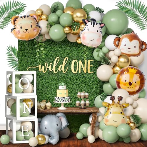 QIFU Safari Decoração aniversário 1 ano, 113 peças animais festa de primeiro aniversário balões alumínio animais para coroa decoração aniversário bebé 1 ano decoração Baby Shower menino menina