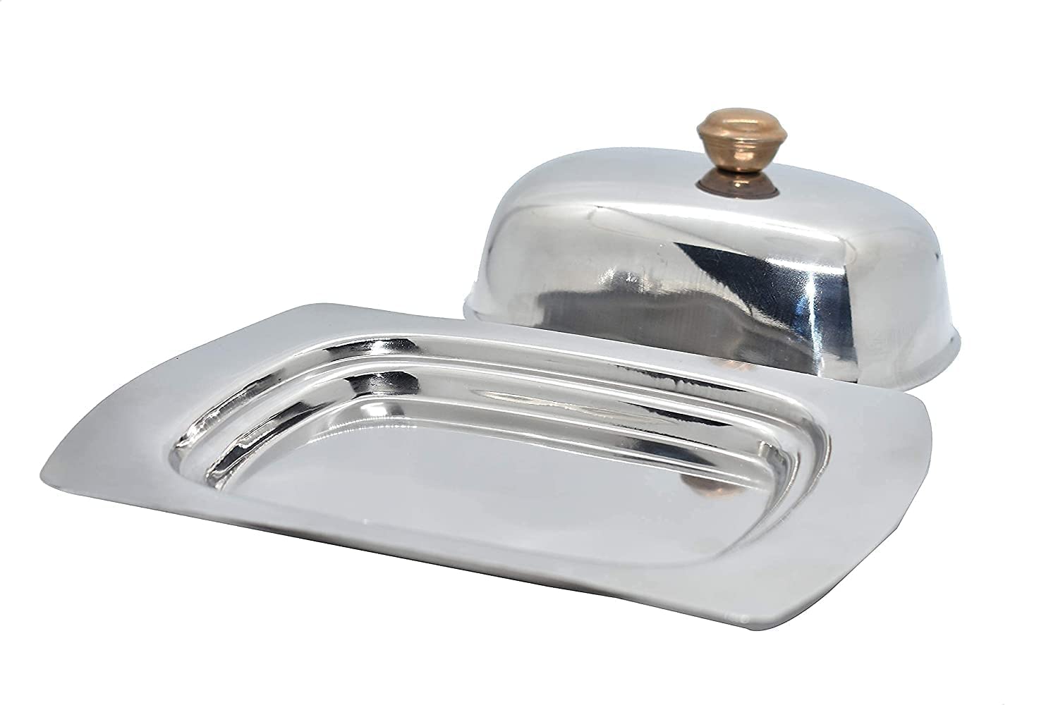 GAFFEL Stainless Steel Butter Dish/Butter Box Container Dish 16.5cm/Butter Plate with Lid (Rosegold Knob) and Knife for 350gm, Set of 1, Silver 1