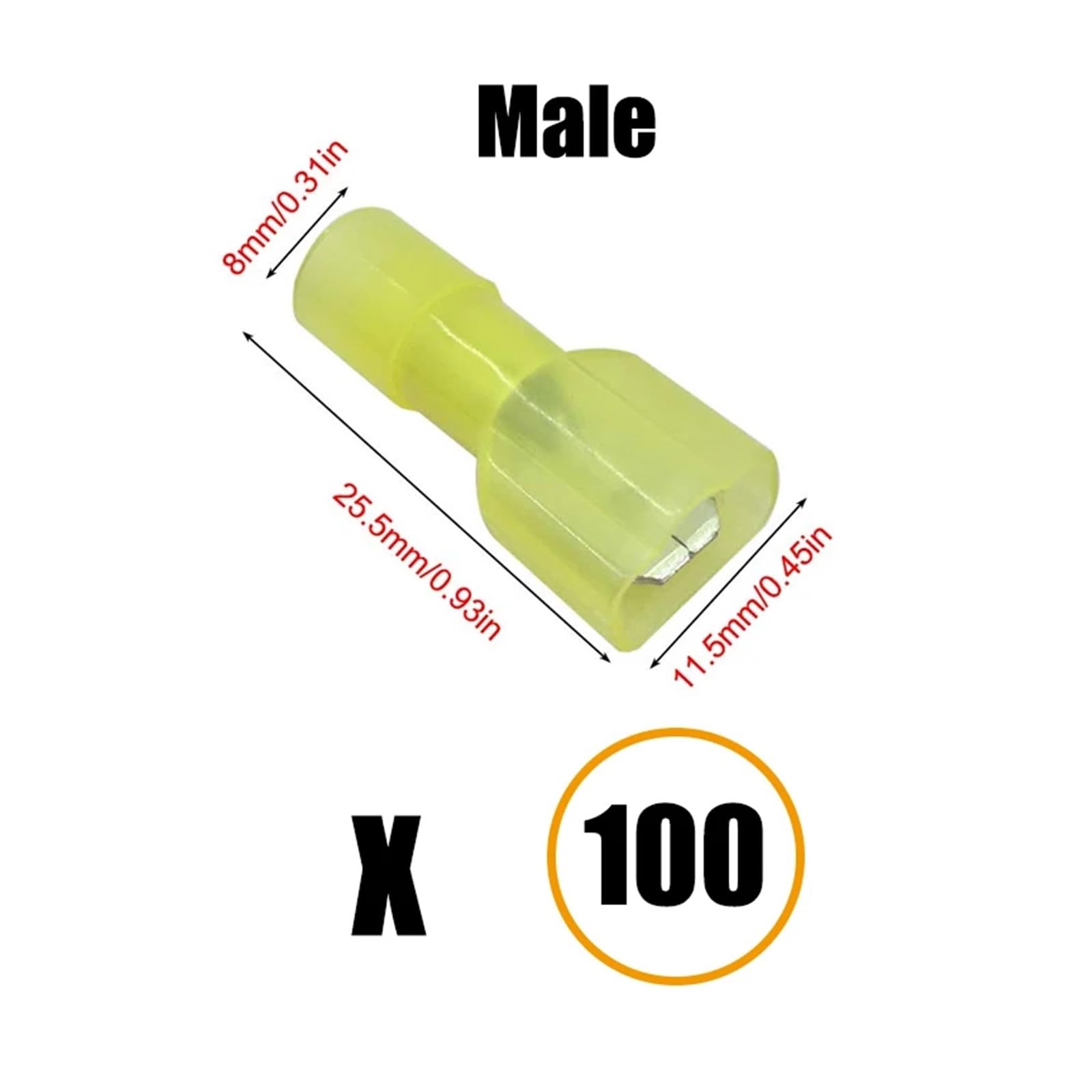 Paquete de 100 conectores de cable, terminales de engarce eléctrico en frío de nailon de pala macho y hembra completamente aislados, desconexión rápida(Yellow Male 100PCS)