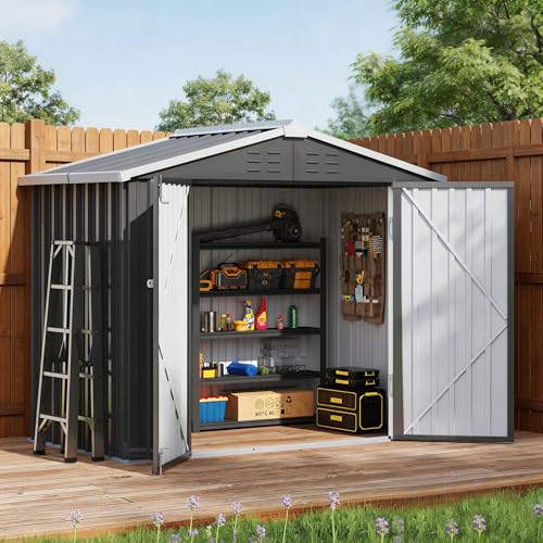 Amopatio Casetas de Jardin Exterior, Cobertizo de Metal con Puerta Corredera y Cerradura, Caseta de Almacenamiento para Herramientas de Jardín
