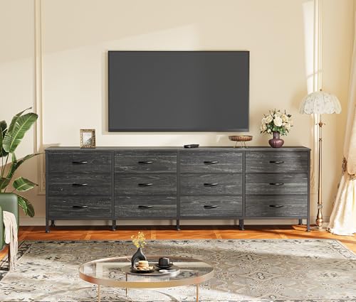 Huuger 70 Inch Dresser for Bedroom, TV Stand for 65, 75, 80 Inch TV,12 Fabric Drawer Long Dresser, Large Storage Organizer Unit, Chest of Drawer for Bedroom, Charcoal Black Wood Grain Print