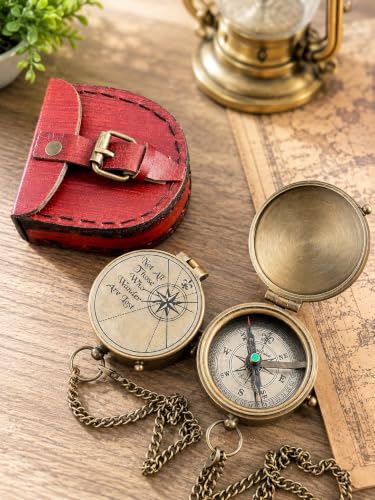 Brújula de bolsillo vintage de latón grabado con estuche de cuero y cadena – brújula funcional para senderismo, regalo para hombres, mujeres, viajeros, graduaciones y cumpleaños miniatura 2