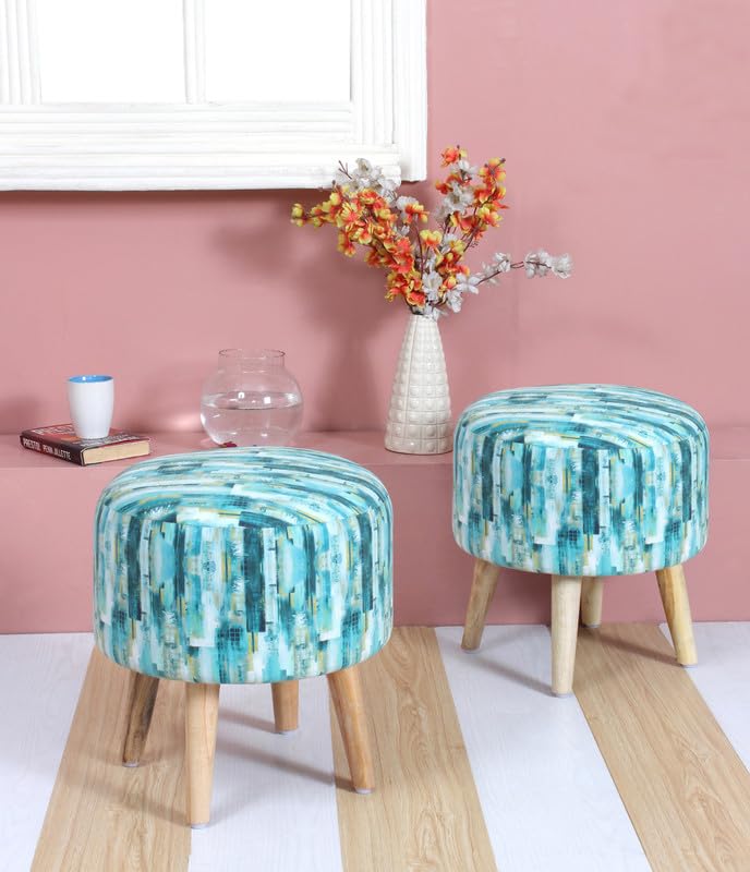 Image of Ottoman Pouffes Sitting Mudda Puffy Stool Dinning Chair for Living Room Dressing Makeup Table Pouffe for Office Home Decor, Printed Stool, 16x16x17 Inch, Pack of 2, Silk Turquoise