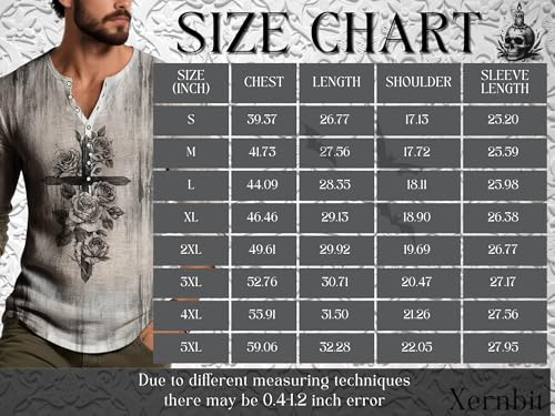 Mens Distressed Henley Shirt Cross Rose Print Tee Vintage Casual Long Sleeve Shirts Gothic Graphic Tops Lightweight3