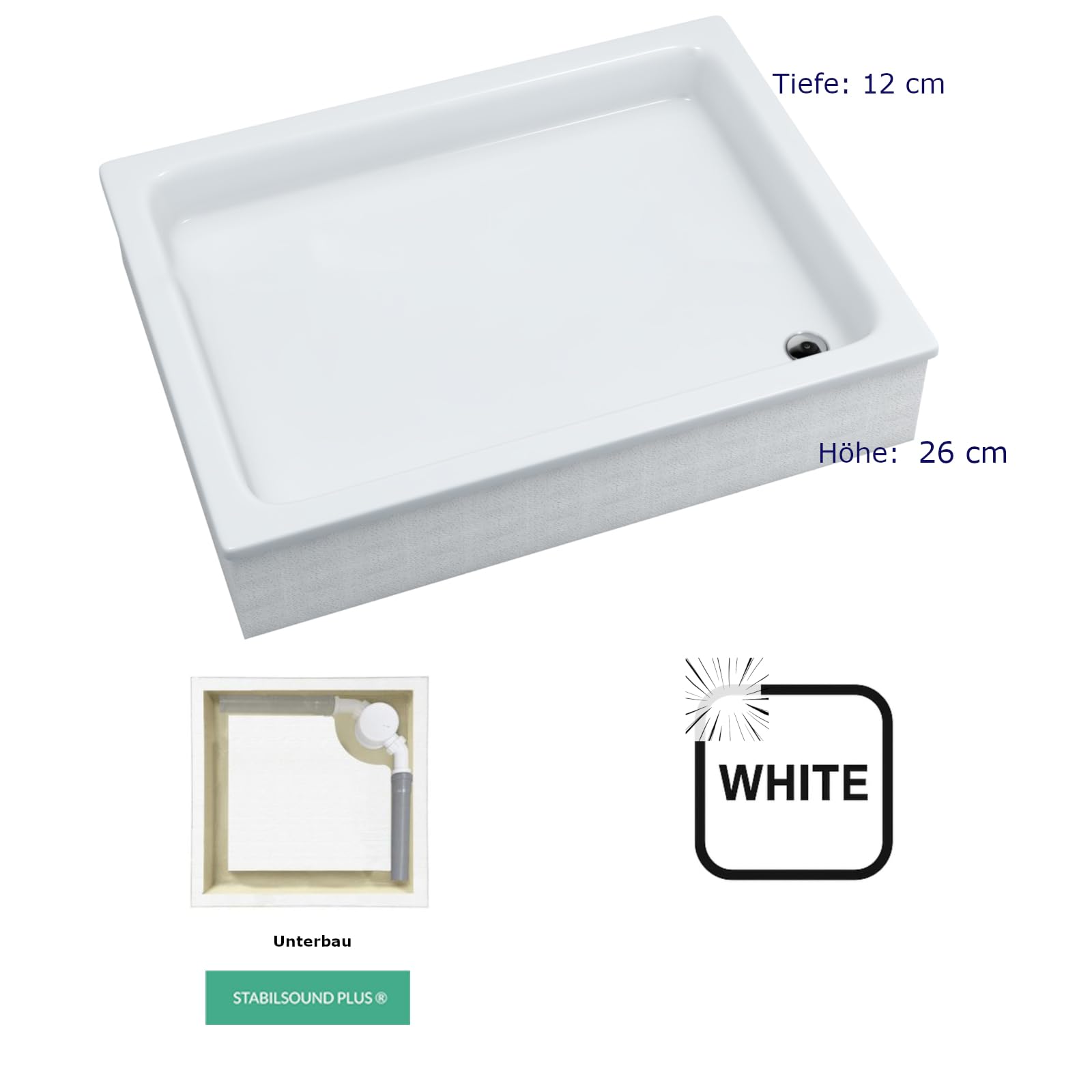Sellon24® Plato de ducha de acrílico sanitario con soporte, color blanco, estable y brillante, juego compacto, soporte de poliestireno, plato de ducha de acrílico, cuadrado de azulejos, profundo (90 x