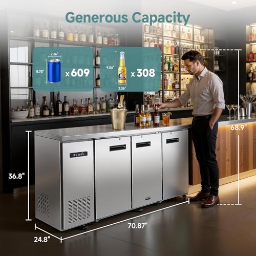 Image of BODEGA BODEGACOOLER Commercial Bar Cooler with 3 Solid Doors, 20.5 Cu.Ft Back Bar Beverage Refrigerator for Beer Soda Wine,LED Light, Stainless Steel Top,6 Casters for Kitchen Buffet Table Use