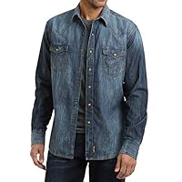 Wrangler Men's Retro Two Pocket Long Sleeve Snap Shirt, Blue Denim, Large