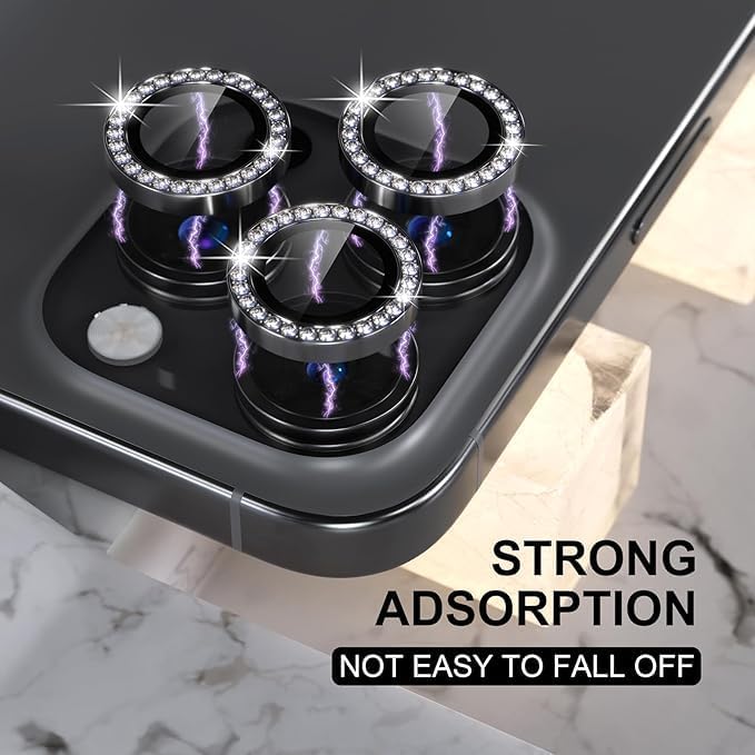 Image of Compatiable with iPhone 16 Pro / 16 Pro Max Camera Lens Protector Ring - Diamond Design | 9H Tempered Glass | HD Clear | Anti-Scratch | Anti-Drop Black Diamond