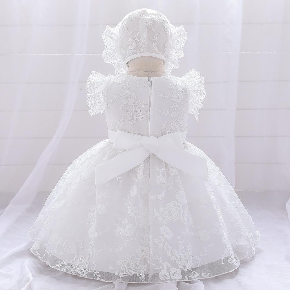 Lito Angels Robe Baptême Bébé Fille Brodée Bonnet, Blanc | Bonnet en dentelle, broderie florale, jupe 3 couches, volants en dentelle