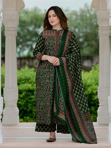 Image of Arayna Women's Cotton Printed Kurta Set with Palazzo Pants and Dupatta | Ethnic Straight Kurta