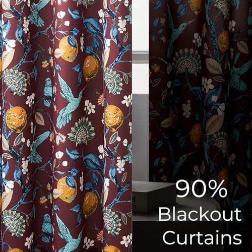 Image of Rust Vintage Floral Curtains 84 Inch Long Luxury Whimsical Euro Flower Lemon Hummingbird Patterned Waverly Mid Century Colorful Blackout Drapes for Living Room Bedroom