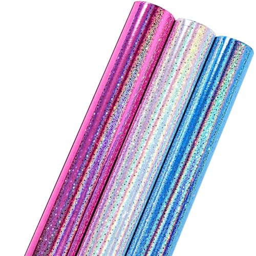 LeZakee Holographic Star Wrapping Paper Pink Blue Silver Glitter Stars Shimmering Decorative Paper for Birthday Holiday Party Gifts Each Roll 17 Inch x 10 Feet Mini Roll 3 Rolls
