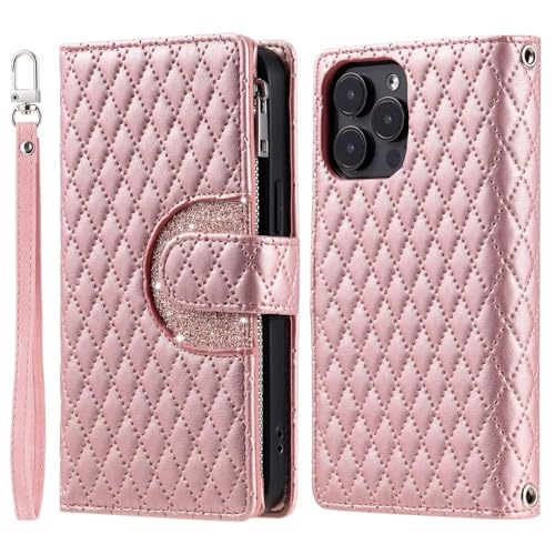 BEENTRYS Cover per Huawei P8 lite 2017 Pelle Portafoglio,Glitter Brillantini lussuosa Porta Carta Cavalletto Stand Blocco RFID Magnetica Tasca Zip Flip Caso PU Antiurto Protettiva Custodia-Rosa