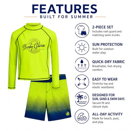 Image of Body Glove Boys Swim Set - 2 Piece Boys Swim Trunks with Rash Guard UV Protection Swimsuit Kids Bathing Suits (Sizes 4-12)