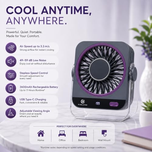 Image of Pixelated Rechargeable Fan for Home, 5 Speed Levels, 3600mAh Battery