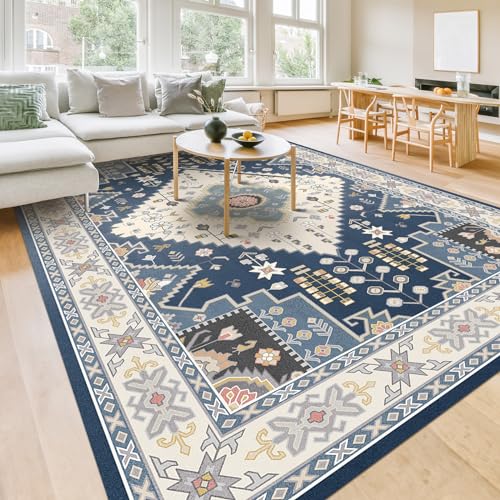 HOMFINE In-& Outdoor Vintage Alfombra -Alfombra de Dormitorio Alfombra de Salón Suave Alfombra de Comedor Antideslizante Resistente Alfombra Fina Lavable a Máquina Alfombra, 160 x 230 cm, Marino Azul
