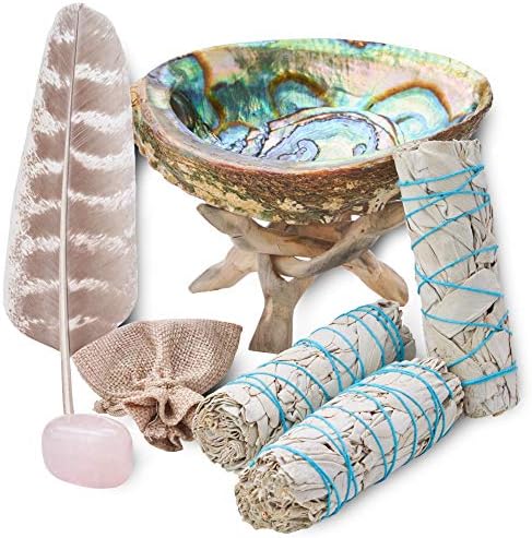 Sage Smudge Kit - White Sage Smudge Sticks Incense Sticks, Rose Quartz, Abalone Shell 5"+, Stand, Smudging Feather & Cleansing Guide (3 Sage)