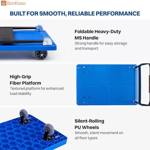 Image of Bonkaso Heavy Duty Platform Truck 500 Kg Load Capacity, Foldable Metal Handle, Blue Anti-Slip Plastic Deck, TPR Wheels, Reinforced Base, Material Handling Trolley for Warehouse & Industrial Use