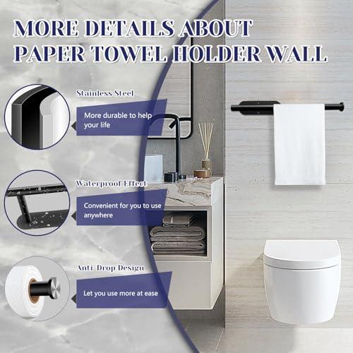 Image of Black Paper Towel Holder, Self Adhesive Paper Towel Holder Under Cabinet | Stainless Steel, kitchen, Bathroom, Sink, Pantry, Fridge, durable, scratch-resistant, cling film, foil rolls, Drilling