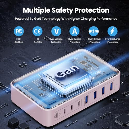 200W Caricatore USB C Multiplo, GaN III 8-Port 65W Laptop Caricabatterie PPS PD QC Alimentatore USB C Multipla Stazione di Ricarica mit USB A per MacBook Air/Pro Laptop iPhone Samsung SteamDeck-Rosa