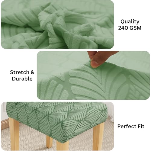 Image of Lukzer Elastic Dining Chair Cover - 4PC Pastel Green Leaf Trail | Textured High Stretch Jacquard Seat Cover | Removable Washable Short Dining Chair Cover Protector Seat Slipcover | (CC-128-04)
