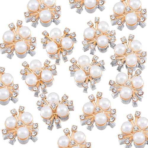30PCS 21mm Flower Pearl Glass Rhinestone Shiny Crystals Gems Jewelry Stones, Flatback Gemstone for Crafts Clothes Hair DIY Wedding Making Decoration Accessories(01 White Pearl with Gold)