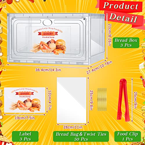 3 Pcs Bread Box For Kitchen Countertop With 50 Bread Bags With Ties And 1 Utility Tong Bread Storage Container Clear Bread Keeper Reusable Plastic Bread Bags For Homemade Bread Plastic Serving Tongs #TOP1