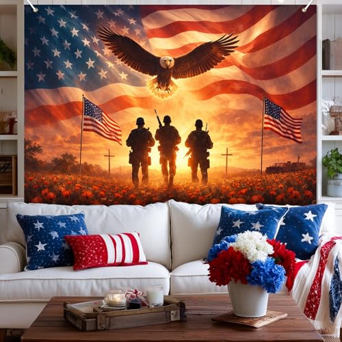 Image of BlissYard Patriotic Backdrop American Flag Eagle 8x6ft | Patriotic Backdrop with American Flag Eagle Independence Day Memorial Day for Veterans Memorial Independence Party Decor