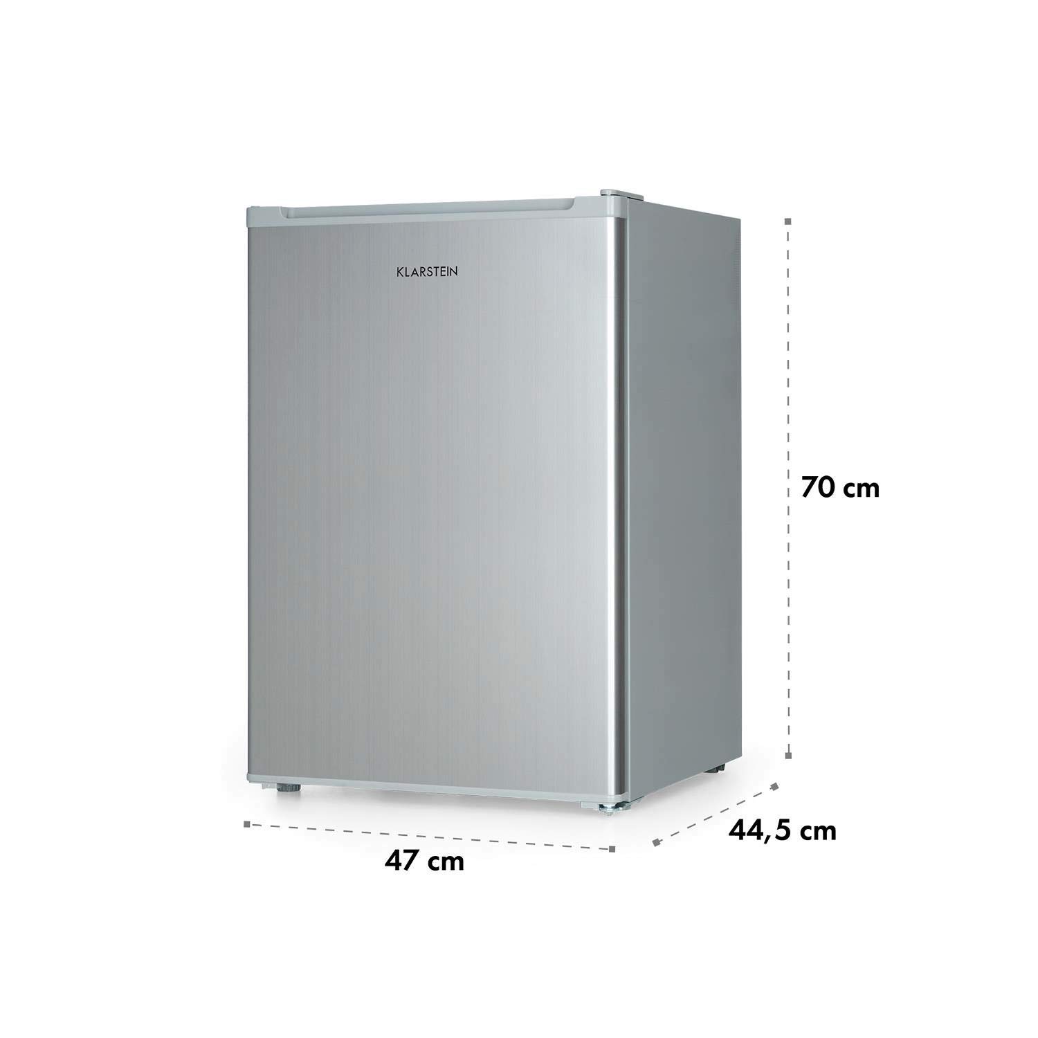 KLARSTEIN Delaware - Réfrigérateur compact, Capacité: 76 L, Congélateur: 4L, 2 niveaux de rangement, Range-boissons, Econome, Thermostat à 5 niveaux, Pieds réglables - Argent