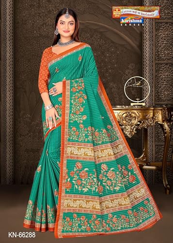 Image of Karishma Pure Cotton Mulmul (Stiff) Saree With Floral Print And Small Border. (Green)
