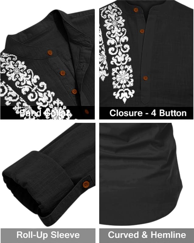 Image of FINIVO FASHION Men's Cotton Blend Short Kurta Shirt | Casual Ethnic Wear with Roll-Up Sleeves & Mandarin Collar | Comfortable Fit Tunic for Festive, & Summer Outings