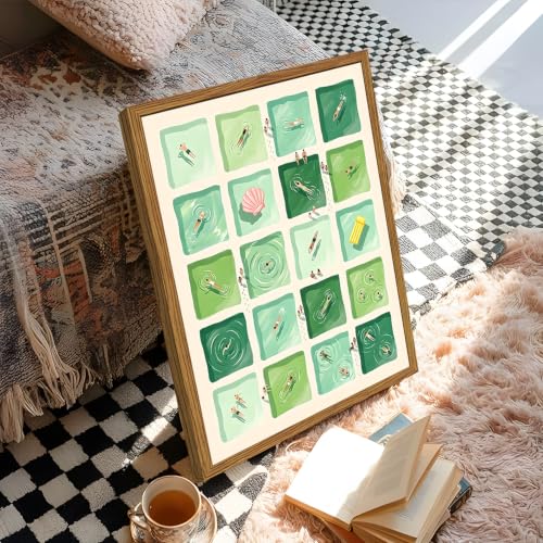 Framed Green Swimming Pool Wall Art, Mid Century Modern Summer Tiny Swimmers Pictures Wall Decor, Minimalist Coastal Paintings Canvas Prints Beachy Home Decor for Living Room Bathroom 16x24 inch by GDUSART - Used condition - Image 7