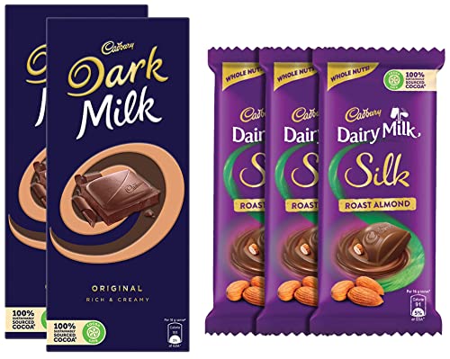 Image of Cadbury Dairy Milk Silk Roasted Almonds Chocolate Bar, 143g (Pack of 3) & Dark Milk Chocolate Bar, 156g- Pack of 2