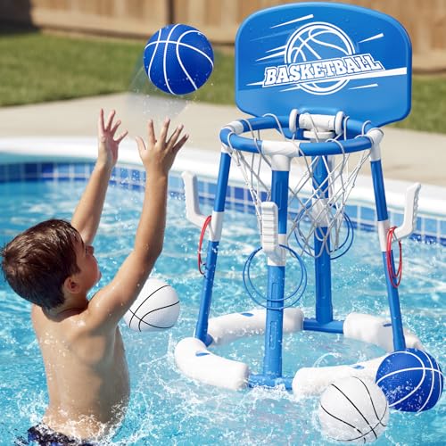 HYES 2 in 1 Pool Basketball Hoop with Backboard, Floating Pool Toys with 4 Balls/8 Ring Toss Game for Kids Ages 4-8, Indoor Outdoor Water Basketball for Poolside Family Party for Adults Kid 8-12, Blue