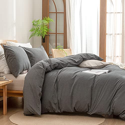 Image of BESTOUCH Cotton Solid Duvet Cover Set Linen Feel Dark Grey Twin | Washed Cotton, Linen Feel, Soft Wrinkle Texture, Hidden Zipper, 8 Ties, Breathable Lightweight Durable Comfy, 2Pcs No Insert