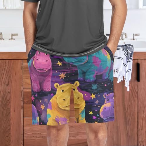 Men's Pajama Shorts Colorful Hippo Pattern Artwork Mens Sleep Pants with Pockets Soft Short Pajama Bottoms2
