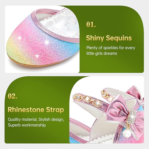 Image of Motasha Sparkly Girls Dress Shoes Kids High Heels Toddler to Big Kid | Glitter Closed Toe, Rhinestone Bow Straps, Hook-and-Loop Closure, Low Heel, Anti-Slip Outsole for Wedding Birthday Parties