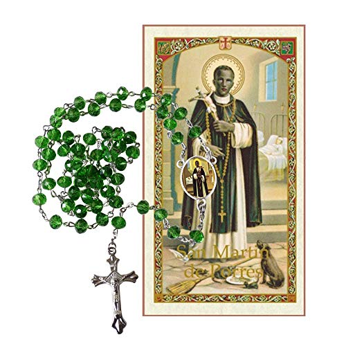 Saint Martin of Porres Patron of Mixed Races San Martin de Porres Fraile Escoba Rainbow Quartz Faceted Beads Rosary with Silver Plated Centerpiece and Crucifix Includes a Blessed Prayer Card2
