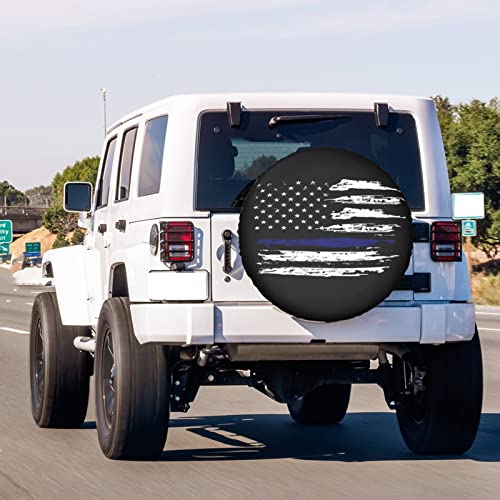 Image of American Flag Thin Blue Line Spare Tire Cover Dust-Proof Wheel Tire Cover Fit Trailer, RV, SUV and Many Vehicle 15 Inch