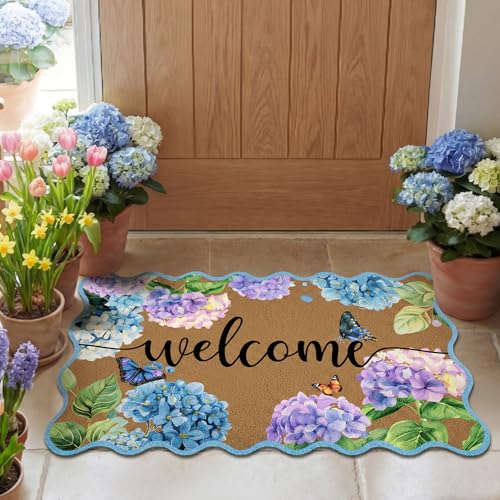Tinideya Hydrangea Scalloped Doormat Summer Blue Flower Welcome Door Mat 27.6 x 15.7 Inch Artificial Coir Non Slip Cute Butterfly Entrance Rugs for Indoor Outdoor Front Kitchen Bathroom Decor