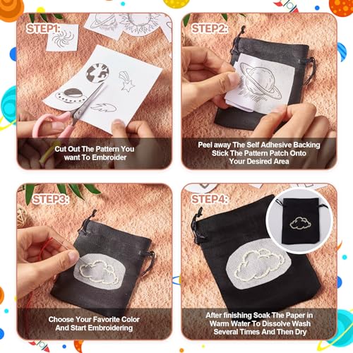 Image of Magibeads 68 Patterns Space Theme Water Soluble Embroidery Patterns Rocket Planets Astronauts Stick and Stitch Transfer Embroidery Paper for Adult Beginners Hand Sewing Starter Kit