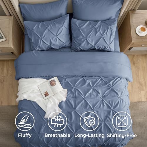 Image of Bedsure King Size Comforter Set Slate Blue - Bed in a Bag Bedding Set 7 Pieces, GentleSoft Pintuck Bed Set Gift for Family, All Season Down Alternative Comforter with Sheets, Pillowcases & Shams