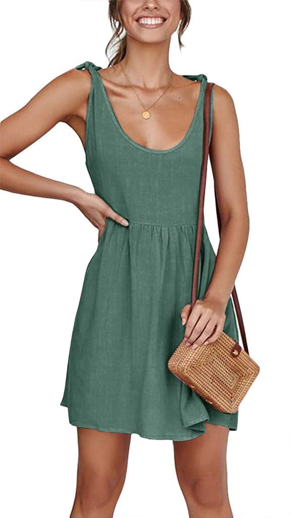 CNJFJ Womens Summer Shoulder Tie Strap Babydoll Dress Casual Scoop Neck A-Line Skater Swing Mini Sundress (Army Green, Large)